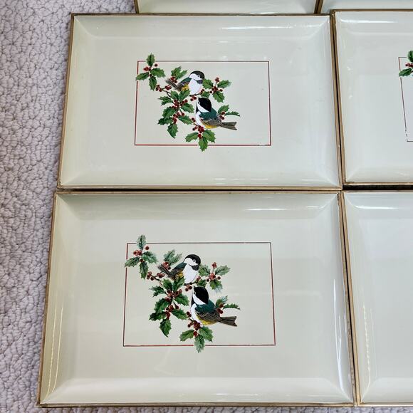 Gibson Greetings Chickadees & Holly Otagiri Lacquerware Snack Tray Set of 8 VTG - Picture 7 of 11